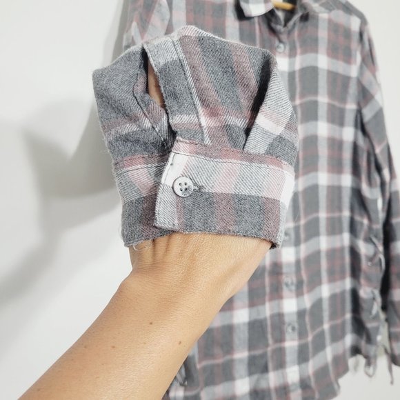 Garage Plaid Long Sleeve Button Front Collared Lace Up Side Shirt Gray White - Picture 2 of 10